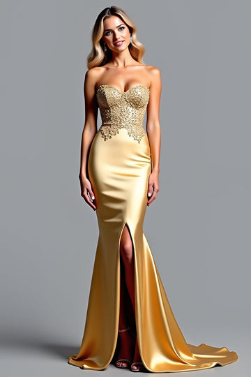 Golden Mermaid Sweetheart Formal Dress With Slit